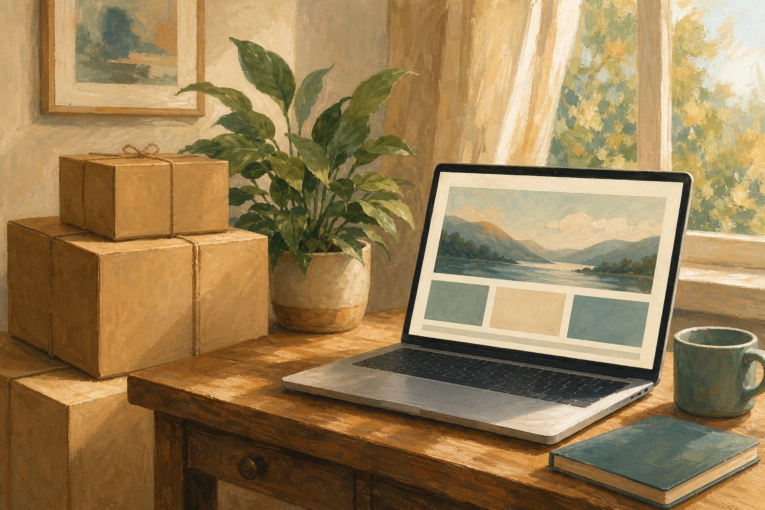 Painted moving-day scene: packed boxes and a potted plant beside a desk, a laptop showing a calm travel blog page