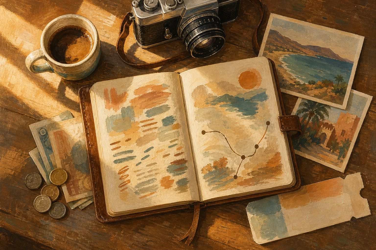 Painted café-table scene: an open travel journal with a hand-drawn route, a small stack of coins and foreign banknotes tucked under its corner, a film camera, coffee and postcards in warm morning light