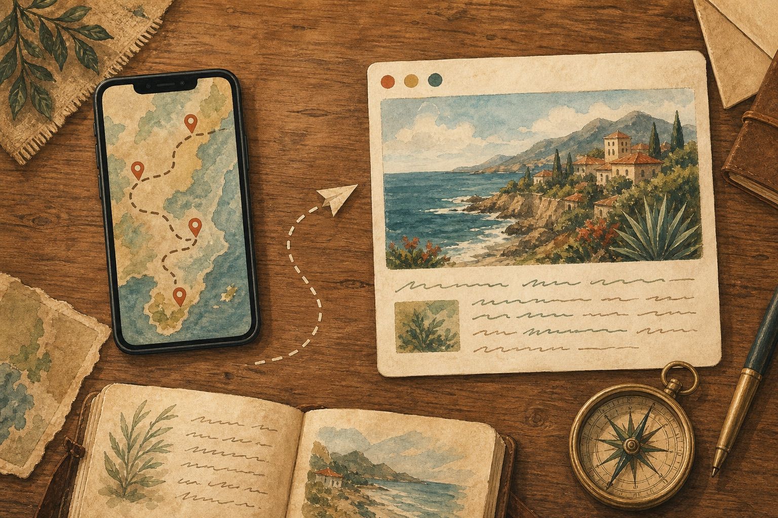 Painted flat-lay: a phone showing a dotted route map beside a postcard-sized browser window with a travel blog inside