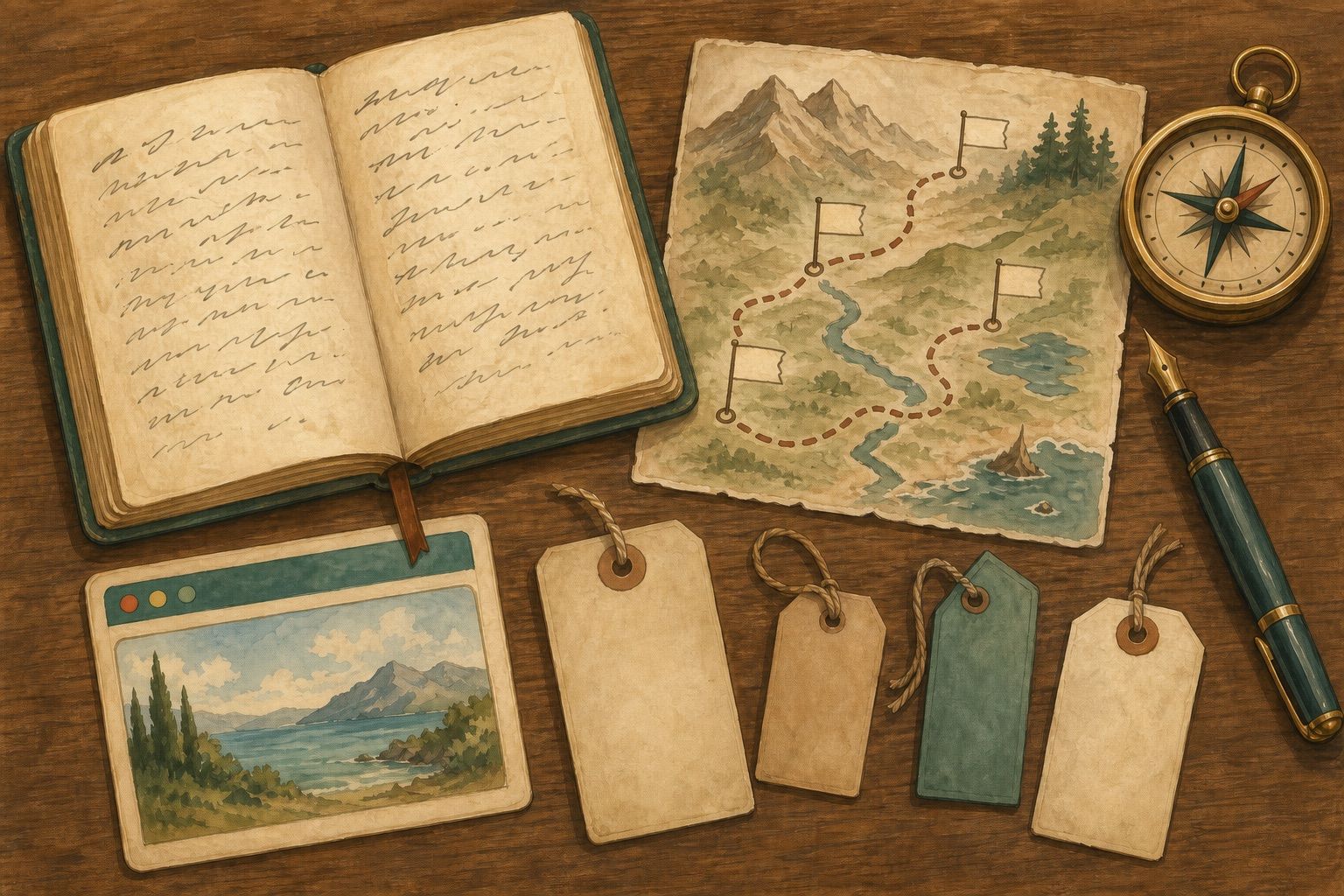 Painted flat-lay of a travel-blog planning desk: an open journal, a route map with waypoint flags, a brass compass, luggage tags and a postcard-sized browser window