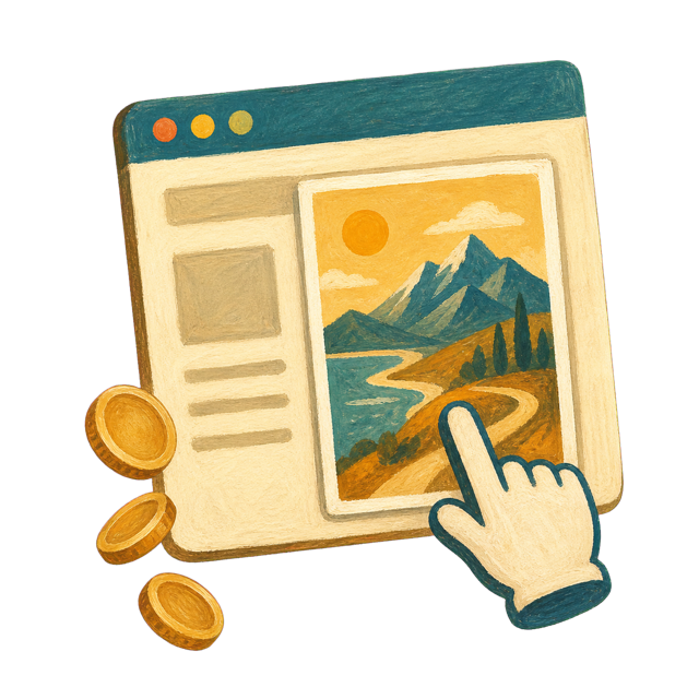 Painted illustration of a browser window showing a travel poster ad, with an oversized cursor hand about to click it