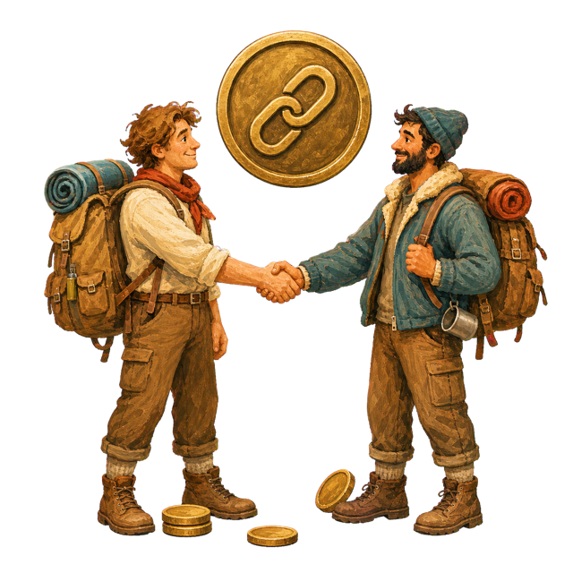 Painted illustration of two backpackers shaking hands beneath a large brass coin embossed with a chain link