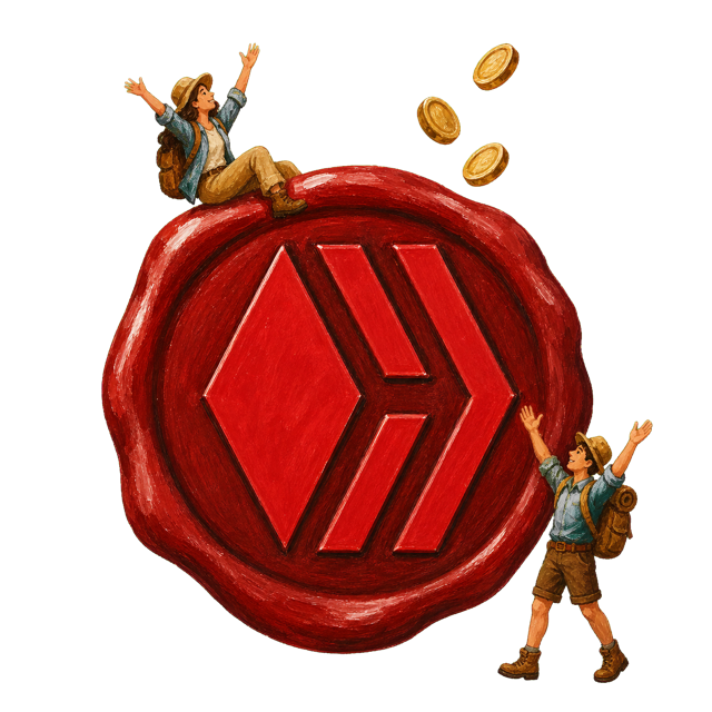 Painted illustration of the red Hive blockchain emblem as a wax seal, with two travelers celebrating beside it