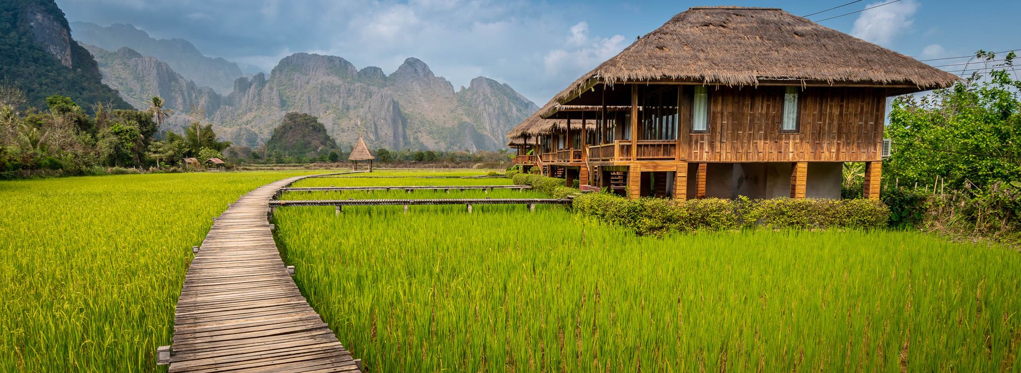 A wooden boardwalk winding through rice paddies toward karst mountains in Vang Vieng, Laos