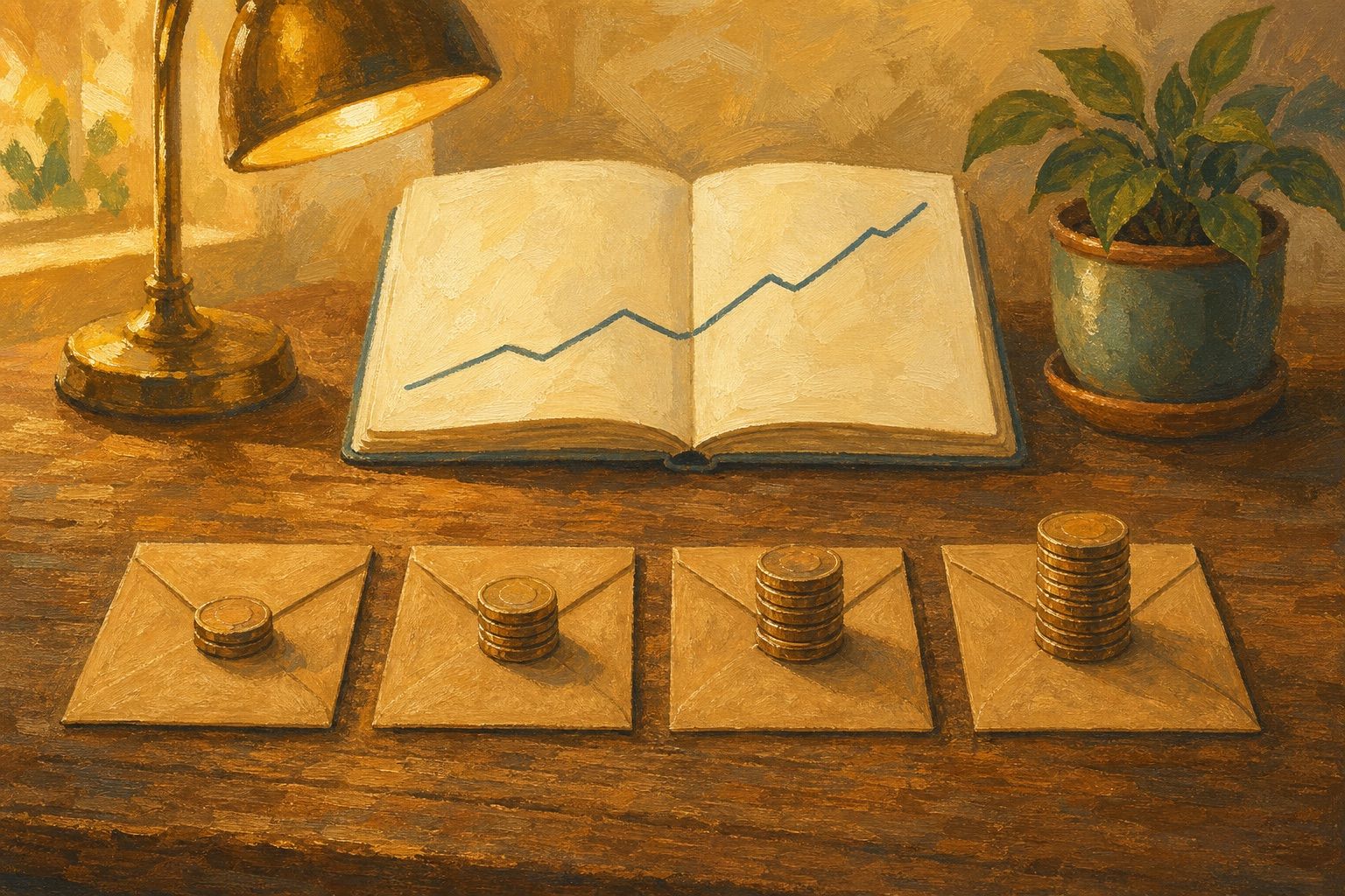 Painted desk scene at golden hour: four envelopes in a row, each holding a taller stack of coins than the last, beside an open notebook with a rising hand-drawn chart