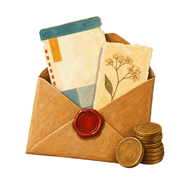Painted illustration of a wax-sealed kraft envelope holding a boarding pass and pressed flower, beside a stack of coins