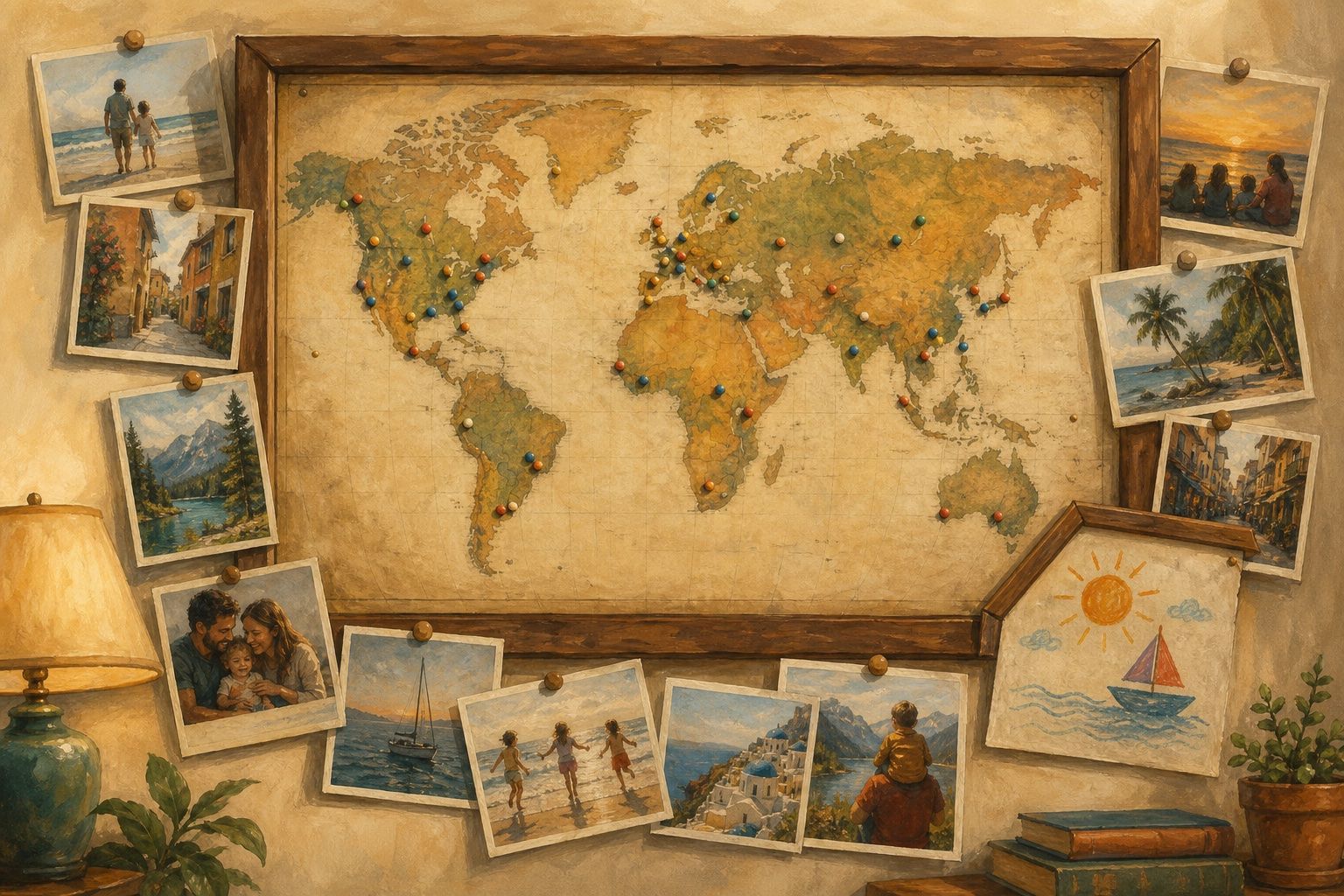 Painted wall map dotted with pins, surrounded by pinned family photos and postcards, a child's drawing tucked into the frame