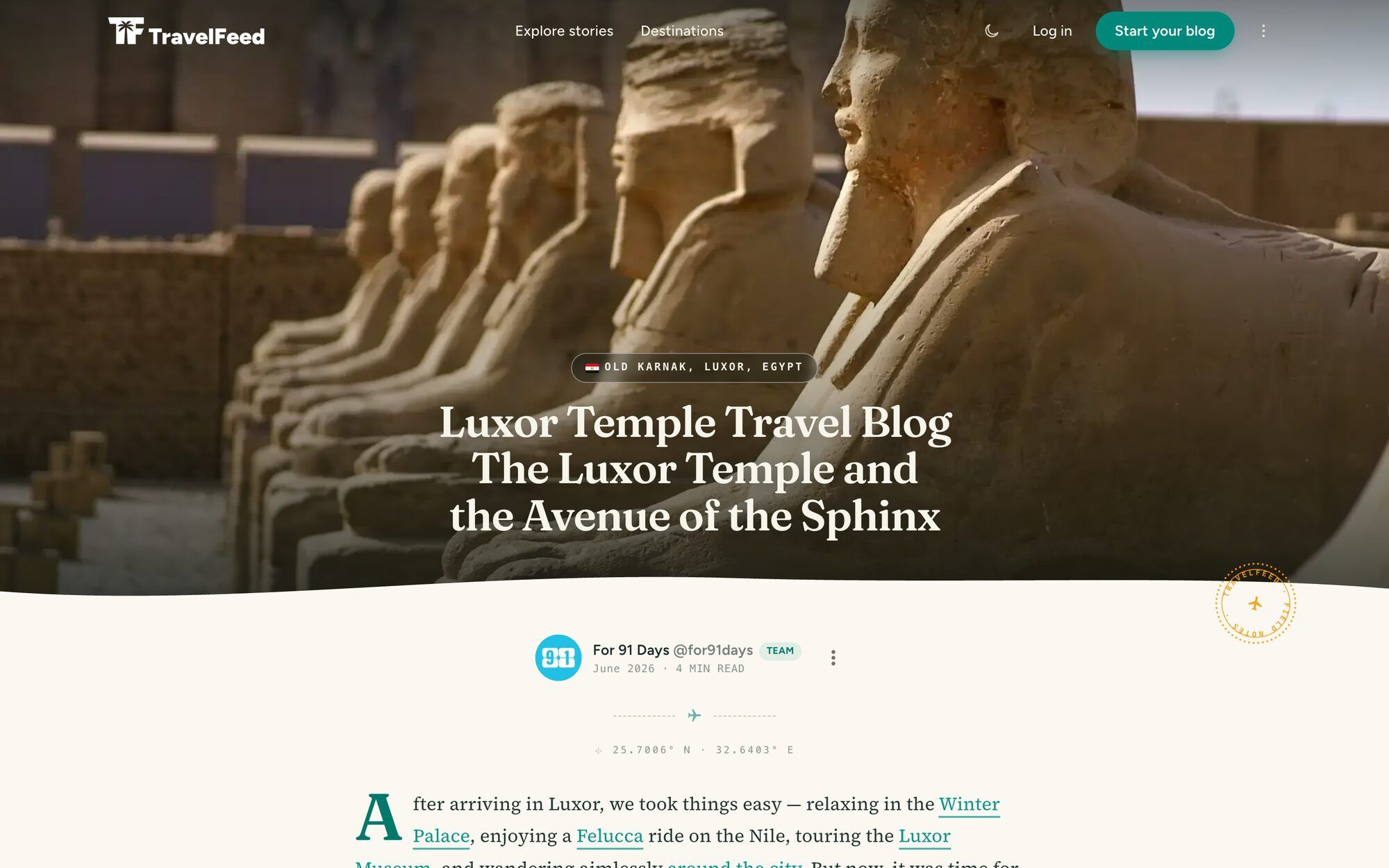 A live TravelFeed article with a full-width photo masthead, GPS coordinates and editorial typography