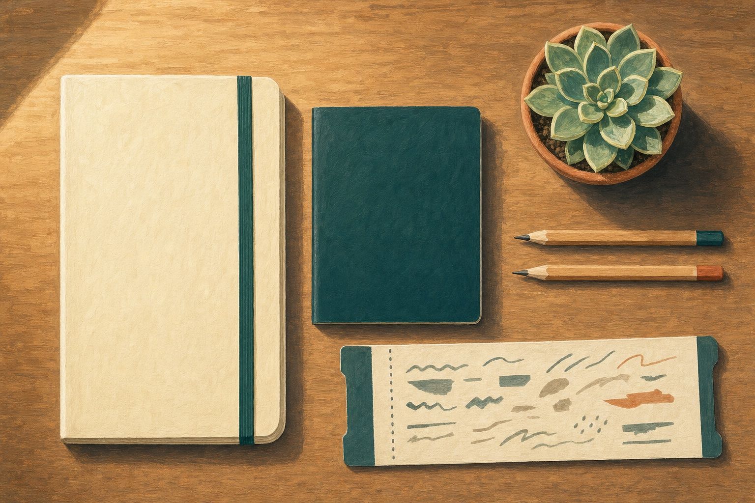 Painted flat-lay of a beginner's desk: a brand-new notebook, passport, boarding pass, sharpened pencils and a small potted plant