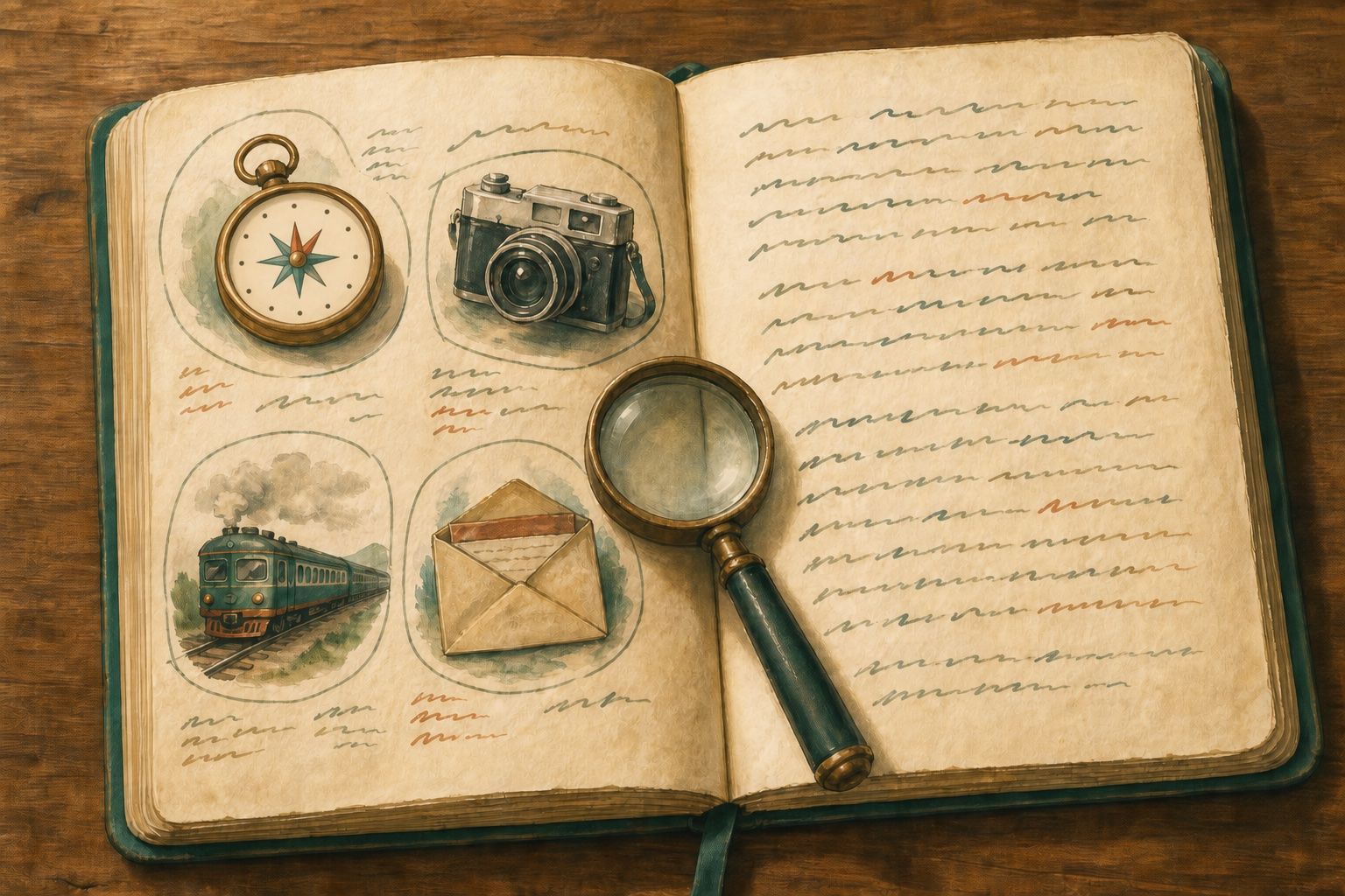 Painted open field-guide notebook with small sketches of travel objects circled and annotated, a magnifying glass on the spine