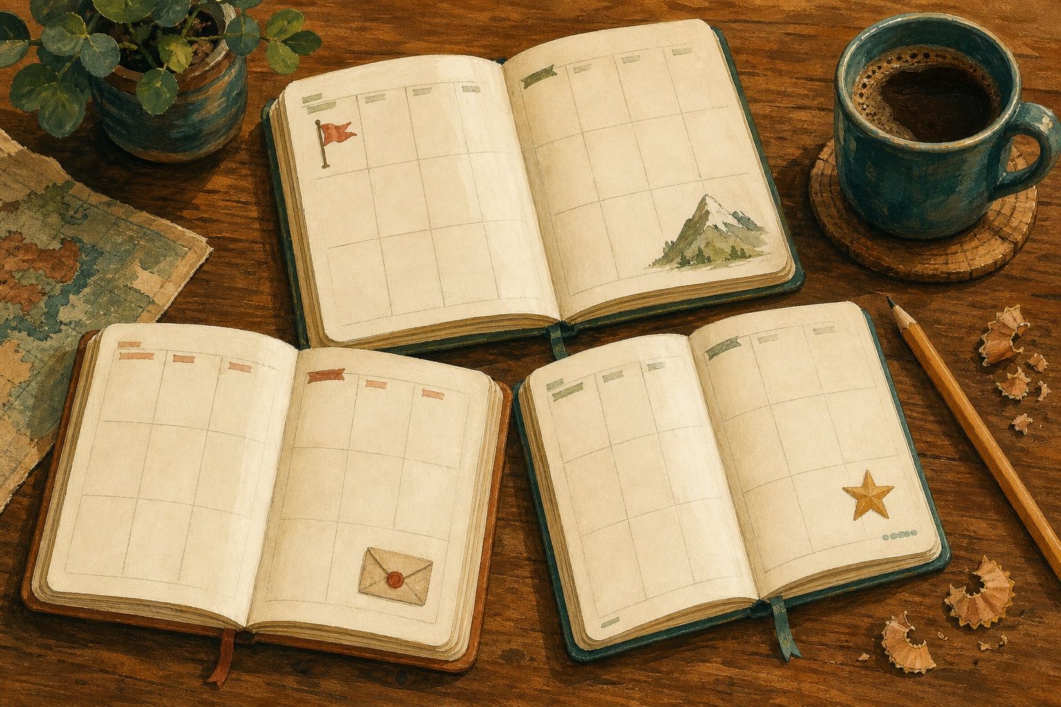 Painted open weekly planner with milestone doodles on certain days, pencil shavings and a teal cup of coffee