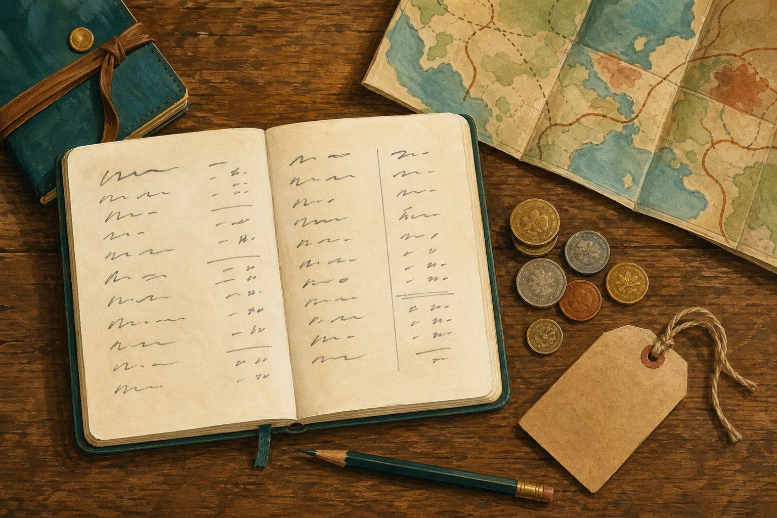 Painted flat-lay of a travel budget in progress: an open notebook with a handwritten cost column, coins, a folded map and a kraft price tag
