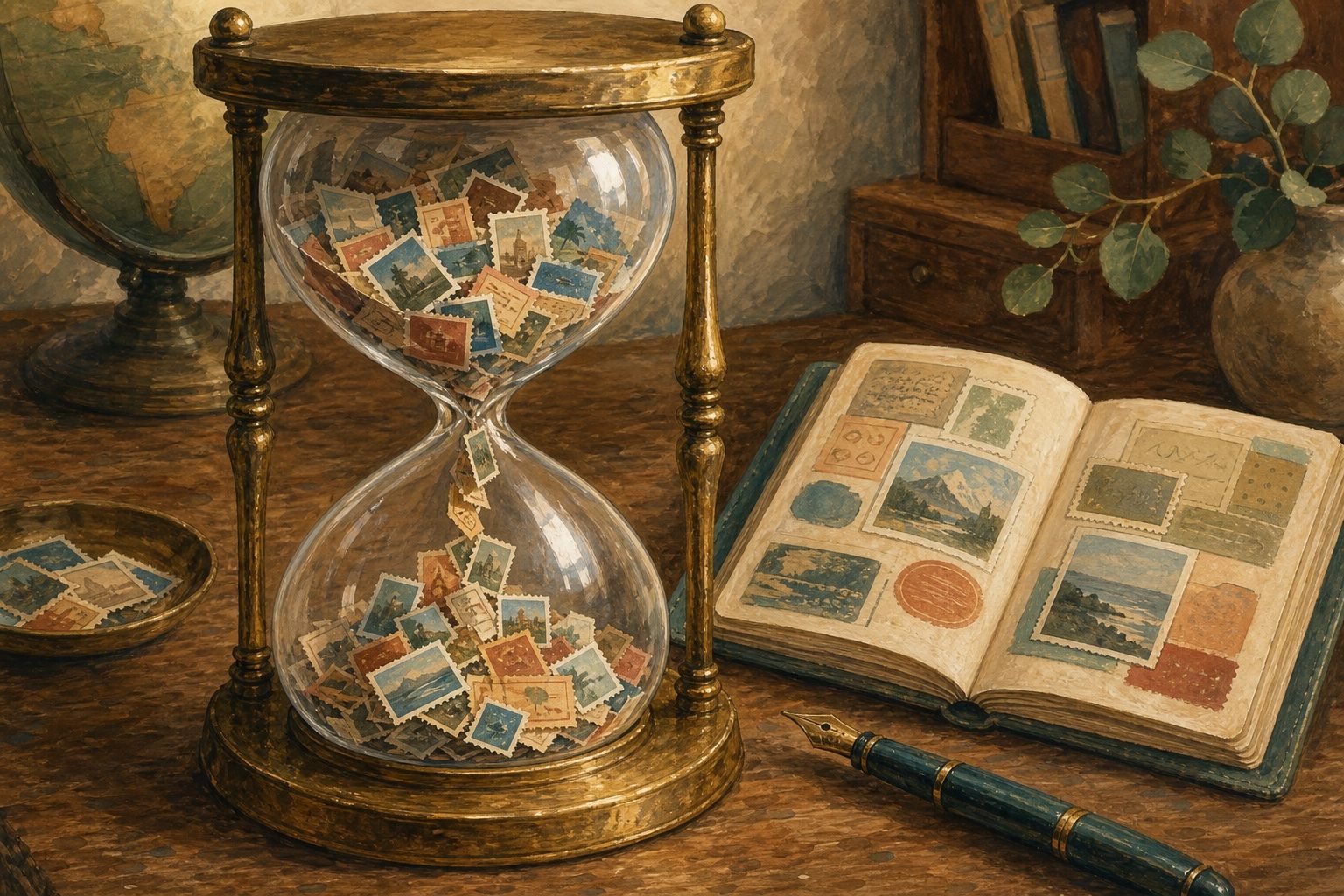 Painted brass hourglass whose falling sand is made of tiny tickets, stamps and photographs, beside a fountain pen and an open passport