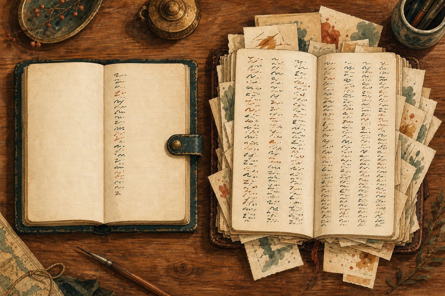 Painted illustration of two open ledgers side by side, one with a short tidy cost column, one growing a long tail of extra line items