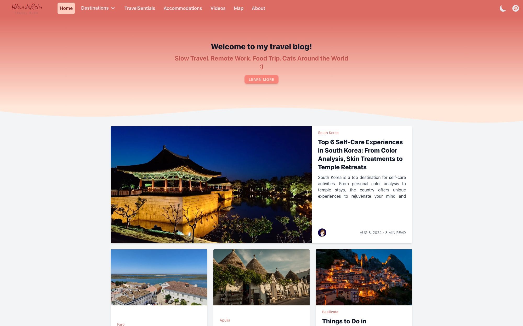 WandeRein travel blog homepage — warm coral wave hero with the tagline Slow Travel, Remote Work, Food Trip, Cats Around the World