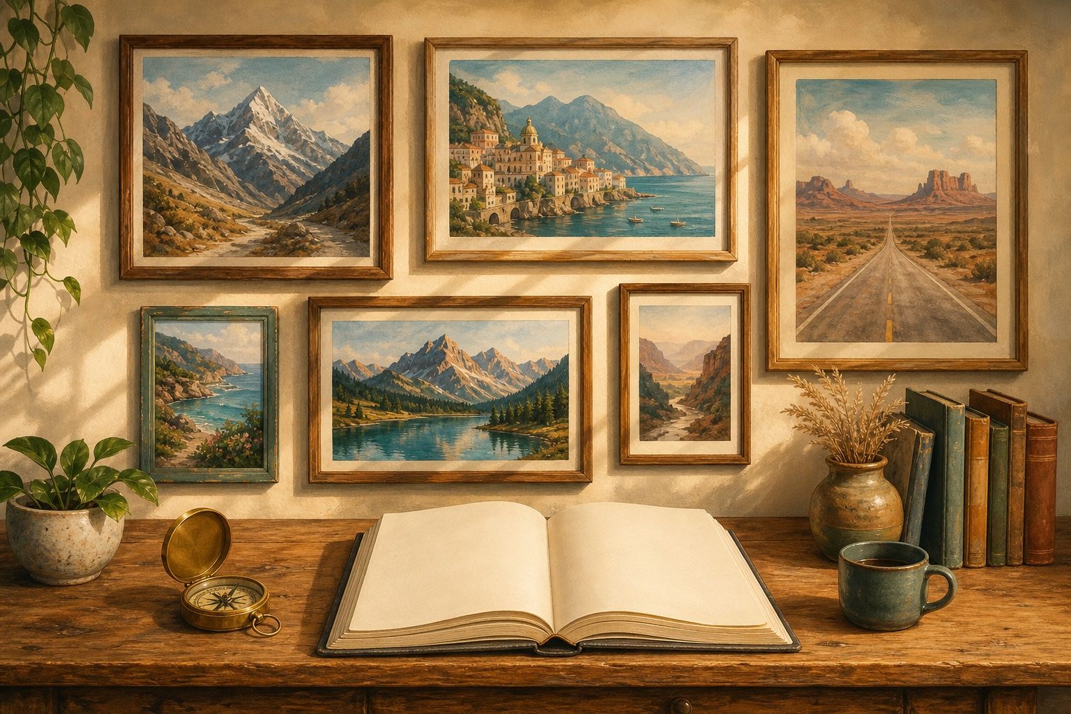 Painted illustration of a gallery wall of framed travel scenes above a writer's desk with an open journal and compass