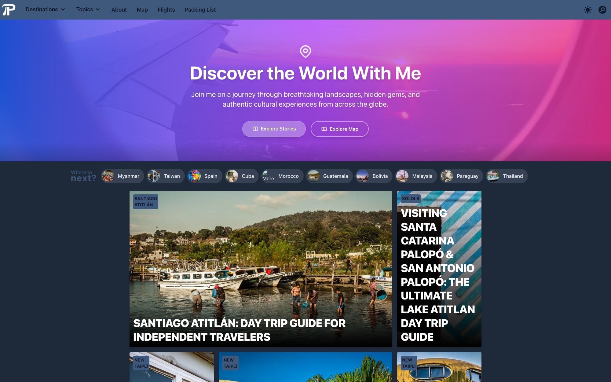 Julian Peters Photography travel blog — gradient photo hero reading Discover the World With Me, with quick links for countries like Myanmar, Taiwan and Guatemala