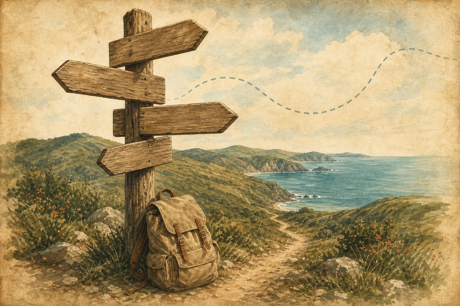 Painted illustration of a wooden signpost with blank direction signs on a coastal hiking trail — choosing a travel blog platform