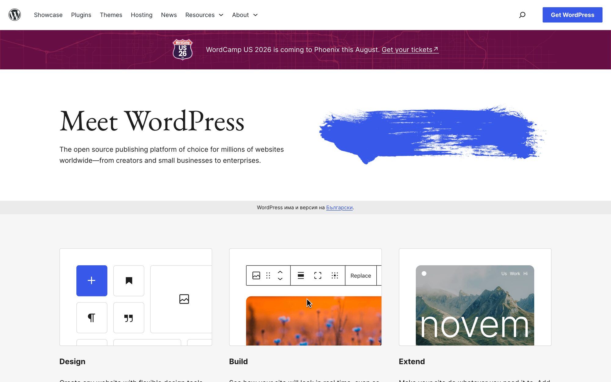 WordPress.org homepage — the open-source publishing platform