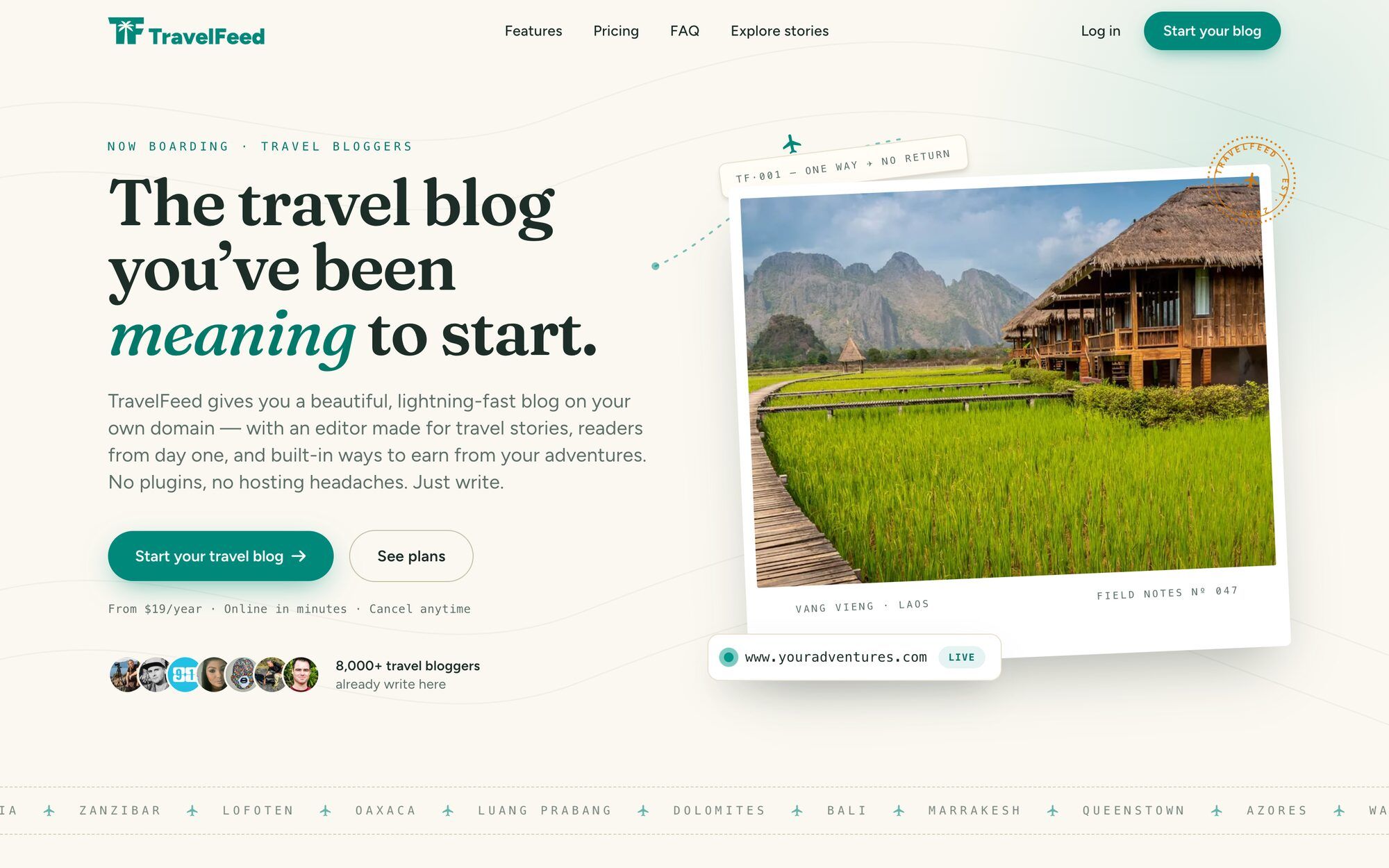 TravelFeed homepage — hosted travel blogs with a postcard-style hero