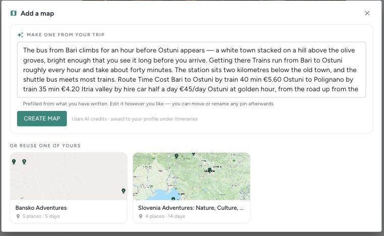 The Add a map dialog in the TravelFeed editor, prefilled from the post with the author's existing maps underneath