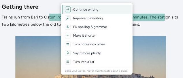 The AI menu in the TravelFeed editor, listing Continue writing, Improve the writing, Fix spelling and grammar, Make it shorter, Turn notes into prose, Say it more plainly and Turn into a list
