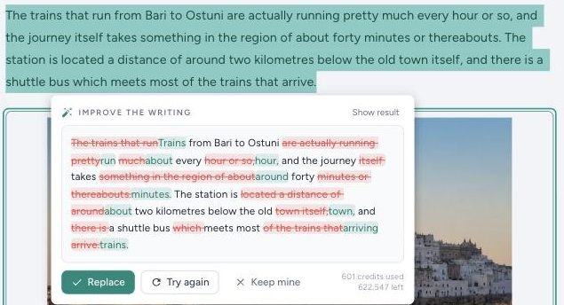 An AI suggestion shown as a word-by-word difference, removals struck through in red and additions in green, with Replace, Try again and Keep mine