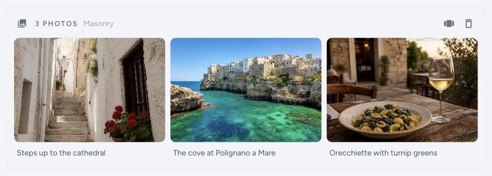 A photo gallery block in the TravelFeed editor showing its layout name, photo count and per-photo controls