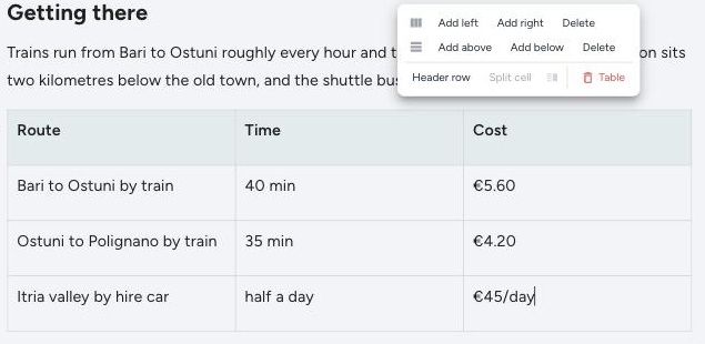 A table in the TravelFeed editor with the row and column controls open