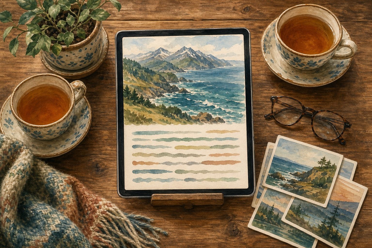 A family travel blog open on a tablet at the kitchen table, surrounded by tea, reading glasses and postcards