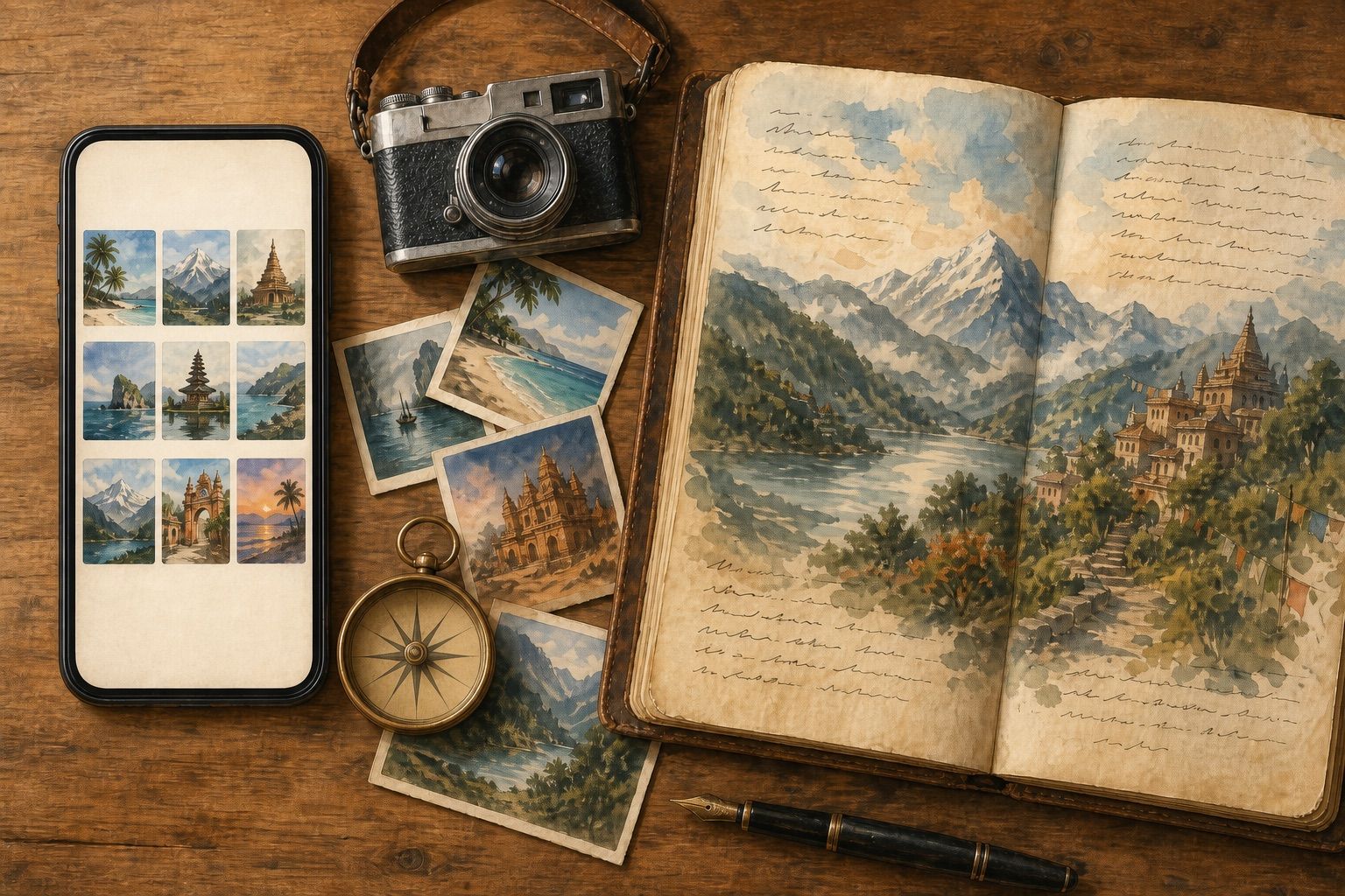 A phone showing a grid of small travel photos next to an open travel journal with a full-page story — the feed holds the highlights, the blog holds the story