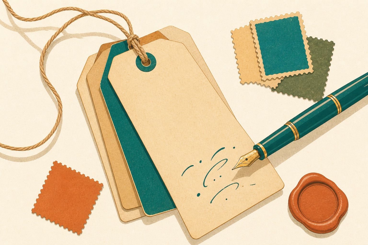 Blank vintage luggage tags and a fountain pen, ready for name ideas