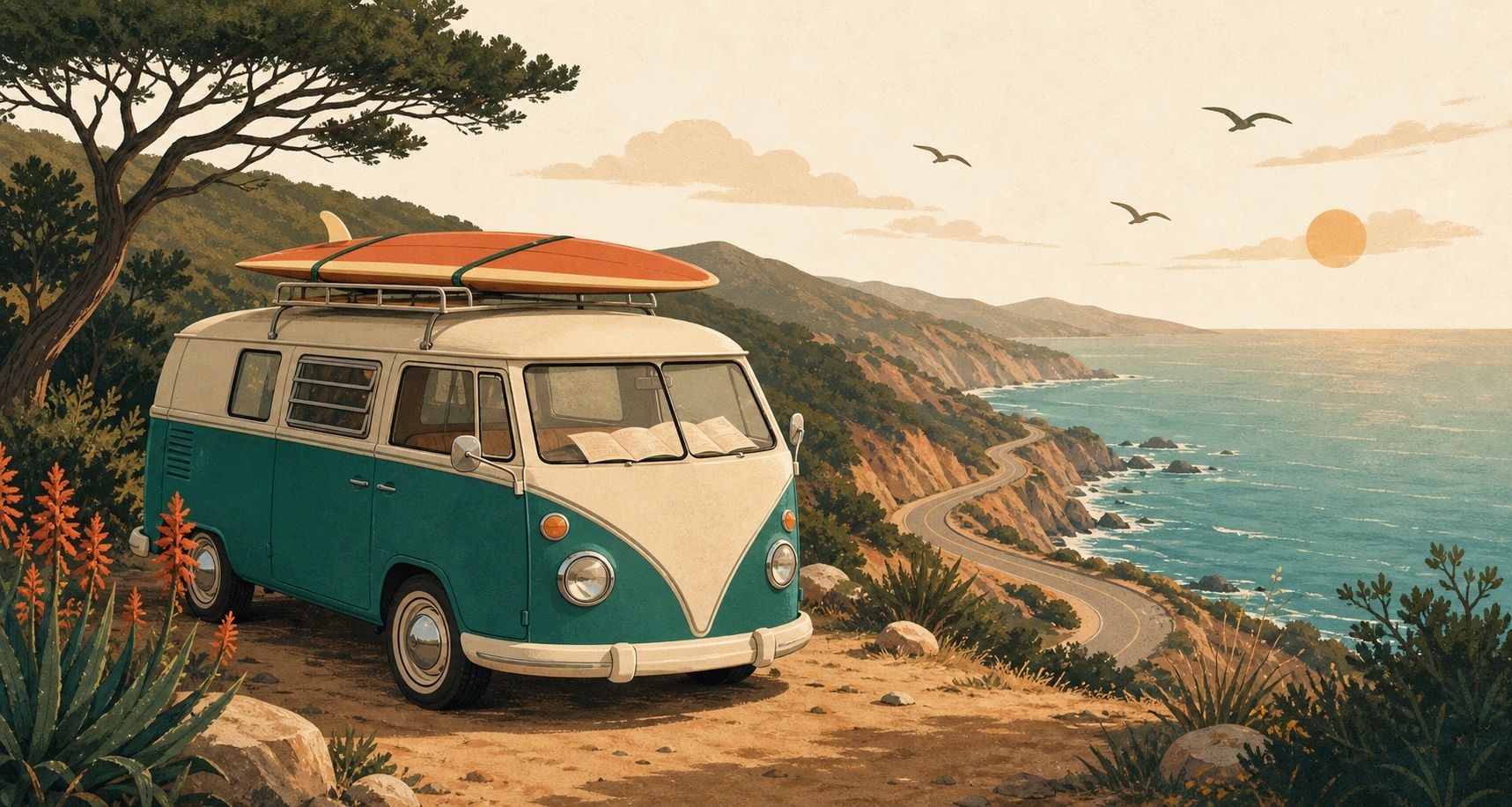 Camper van parked at a coastal overlook above a winding road