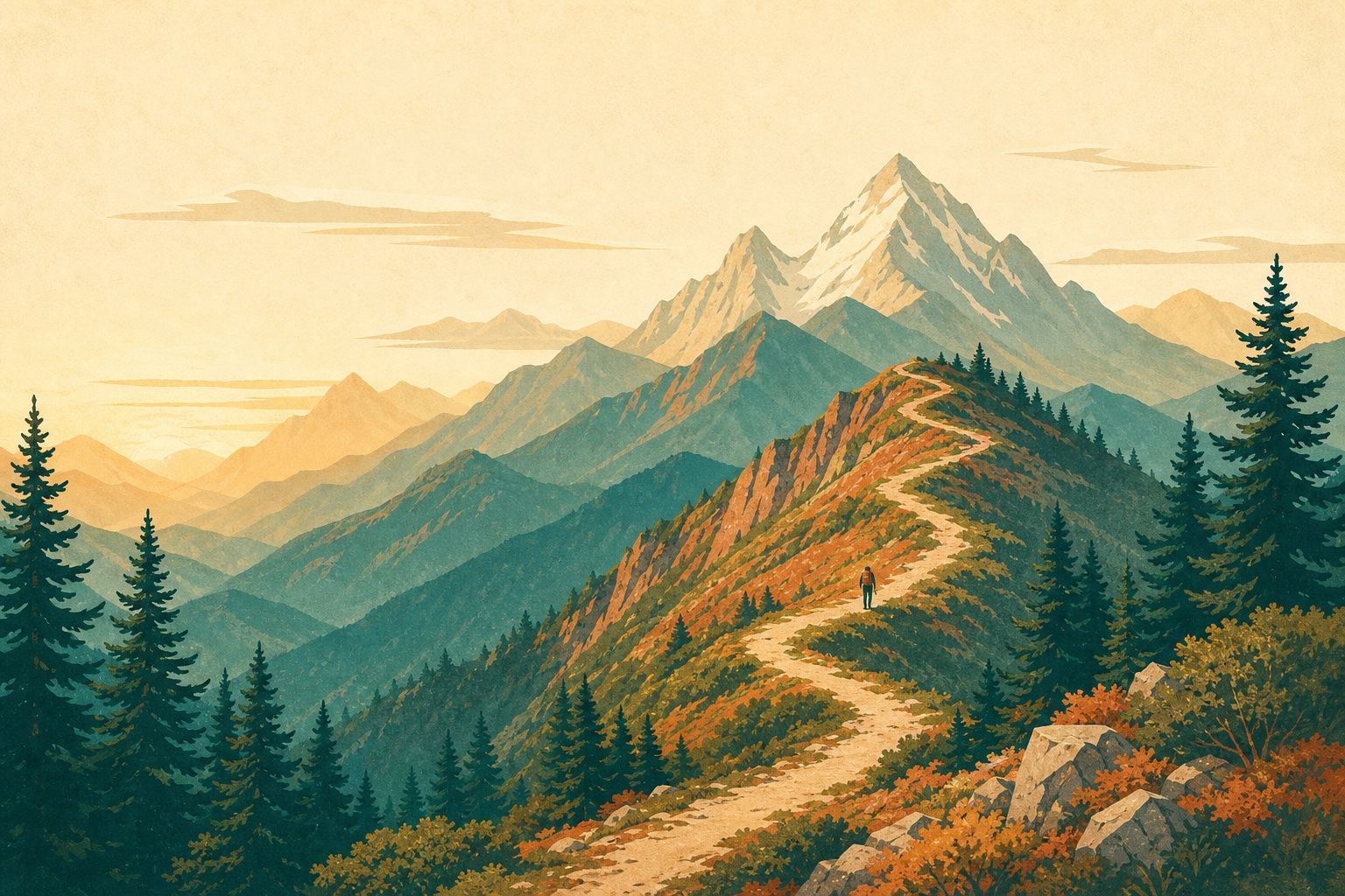 Hiker on a switchback trail below layered mountain ridges