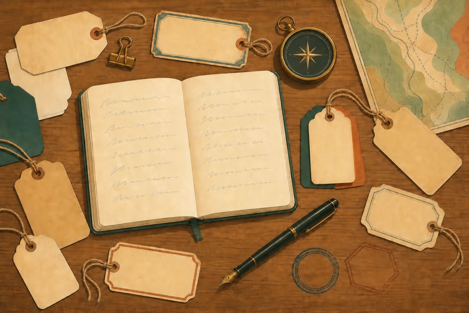 Desk with blank luggage tags, a journal shortlist, and a compass — picking a travel blog name