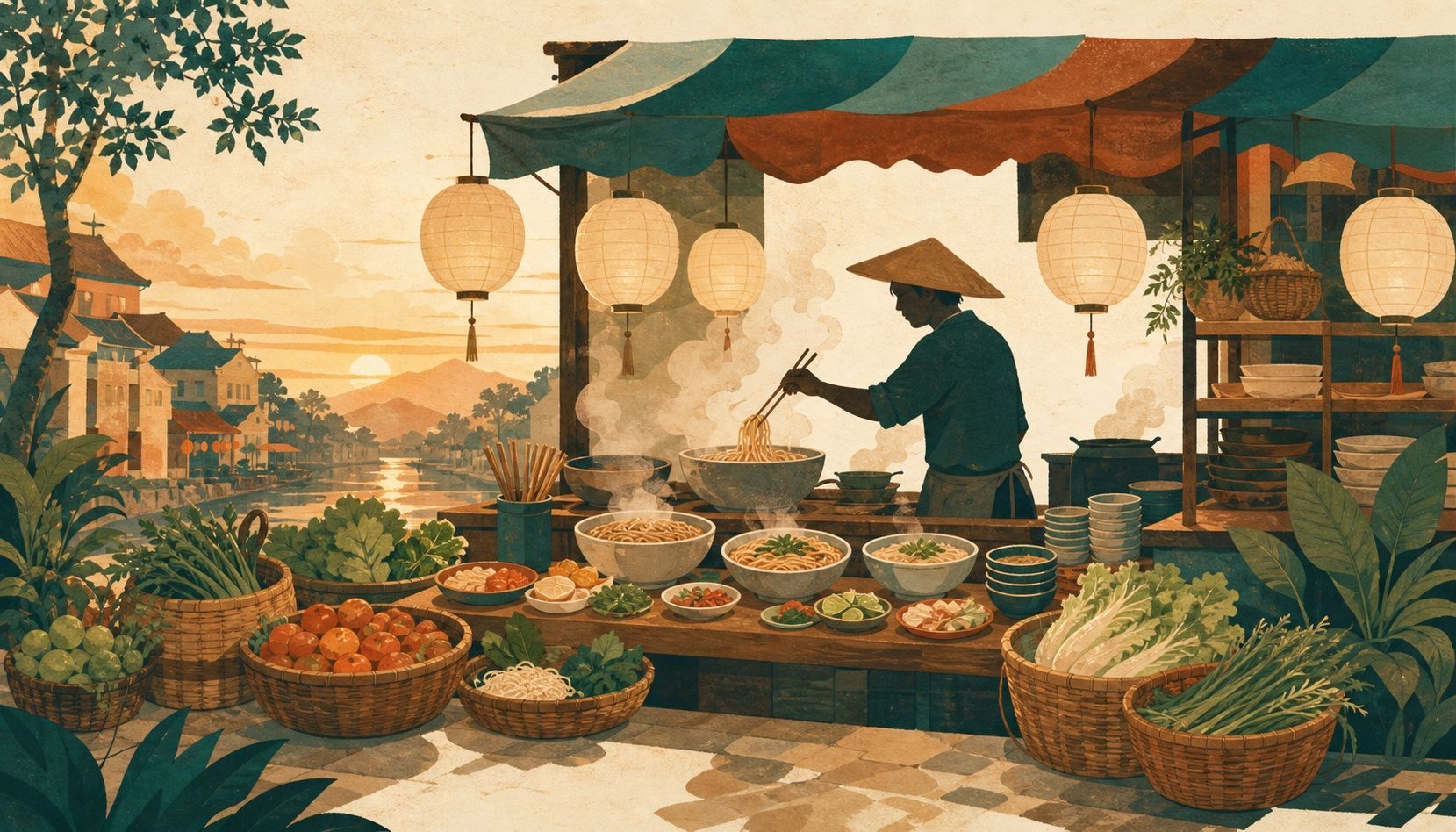 Street food stall at dusk with steaming bowls and paper lanterns