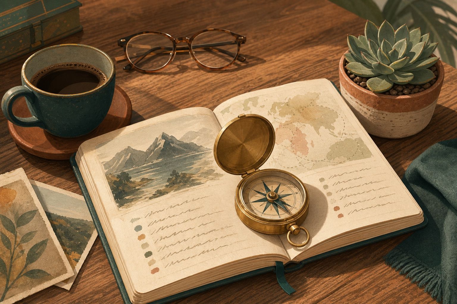 Compass resting on an open travel journal with a shortlist of names