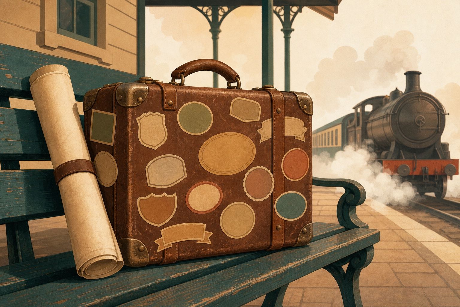 Vintage suitcase covered in blank travel stickers, waiting for a name