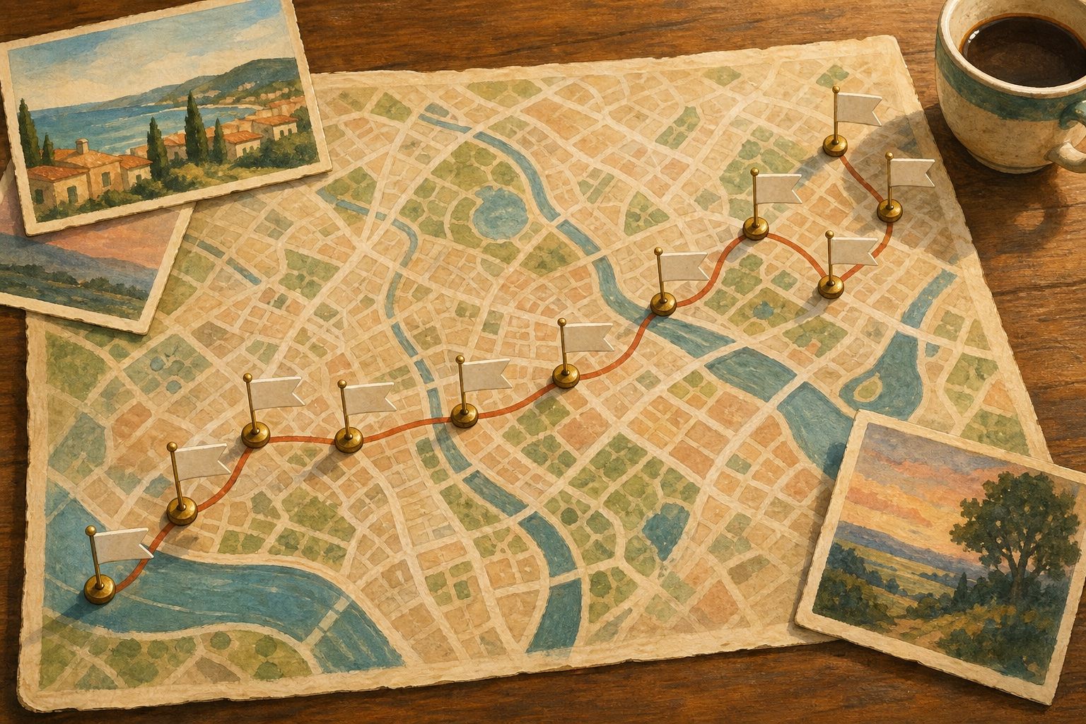 Painted hand-drawn city map with brass pins and paper flags marking a winding route, postcards and a coffee cup at its edges