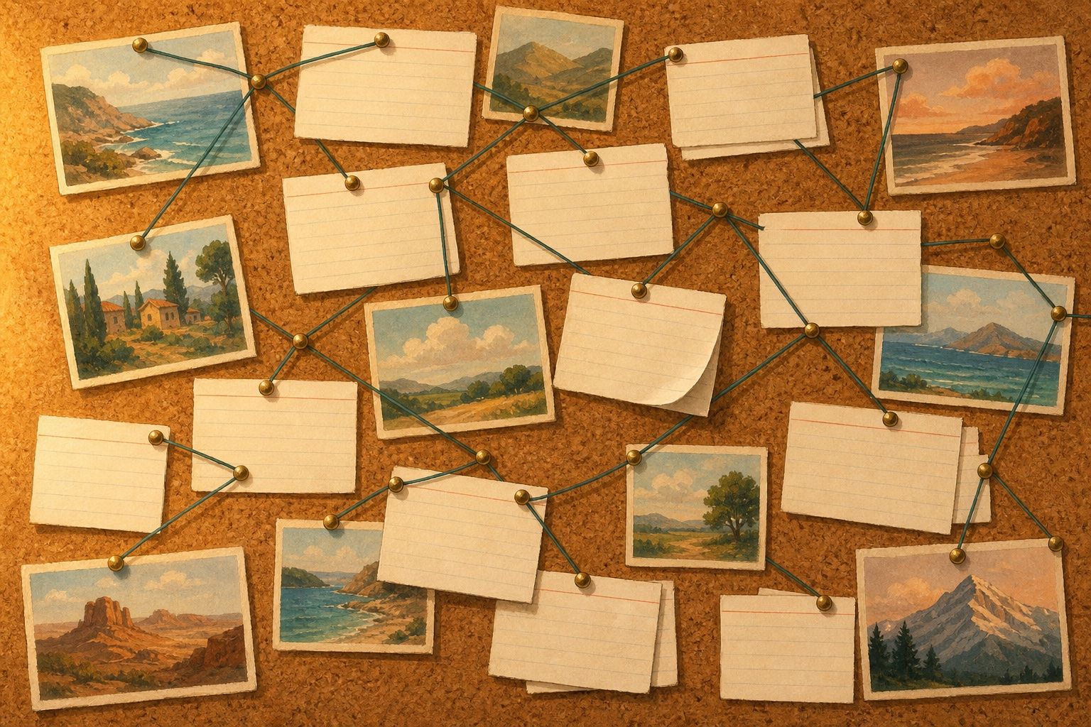 Painted corkboard pinned with index cards and small postcards, clustered and joined by teal string between brass pins