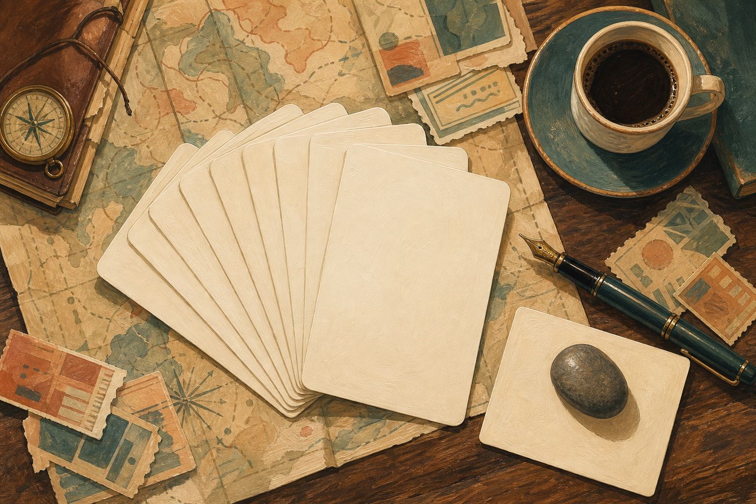 Painted flat-lay of a writing desk mid-brainstorm: index cards fanned out over a map, a fountain pen, ticket stubs and a cup of coffee
