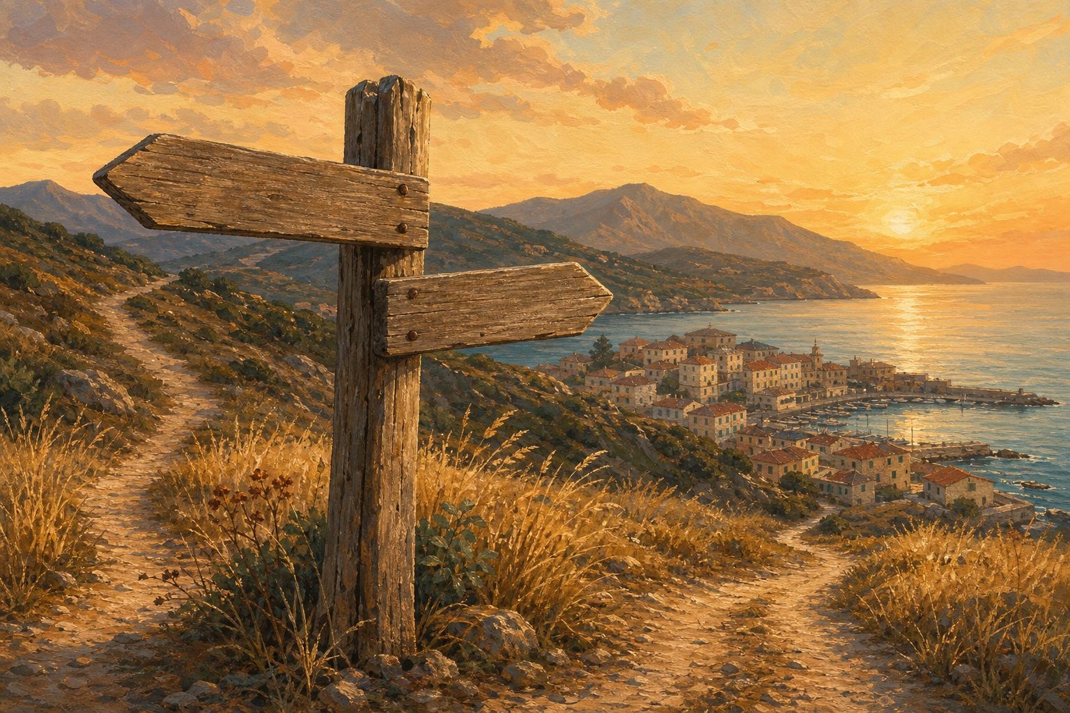 Painted illustration of a weathered signpost at a coastal fork at golden hour, one arm pointing toward mountains, the other toward a small town