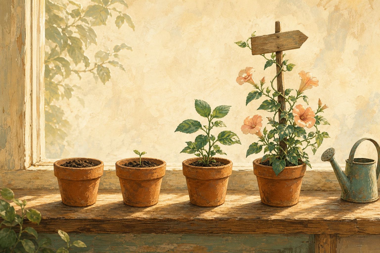 Painted row of four terracotta pots on a windowsill holding the same plant at four stages, from bare soil to blooming
