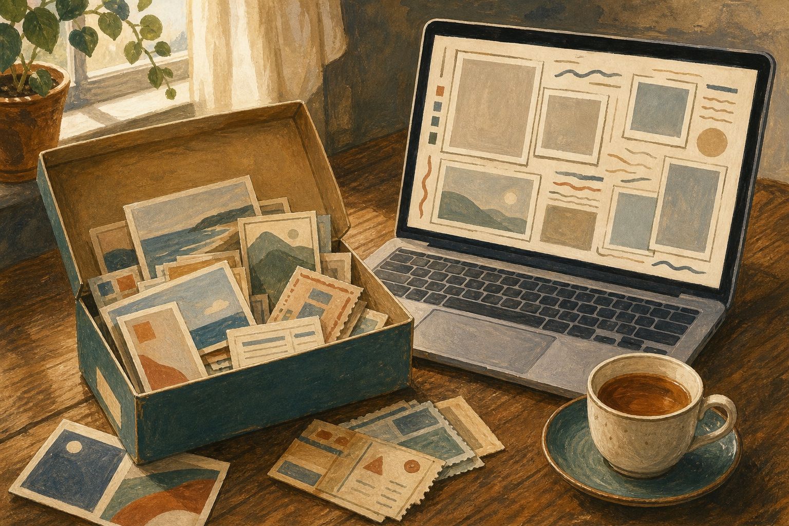 Painted still life of an open shoebox of postcards and ticket stubs next to a laptop showing the same memories organized as a travel blog