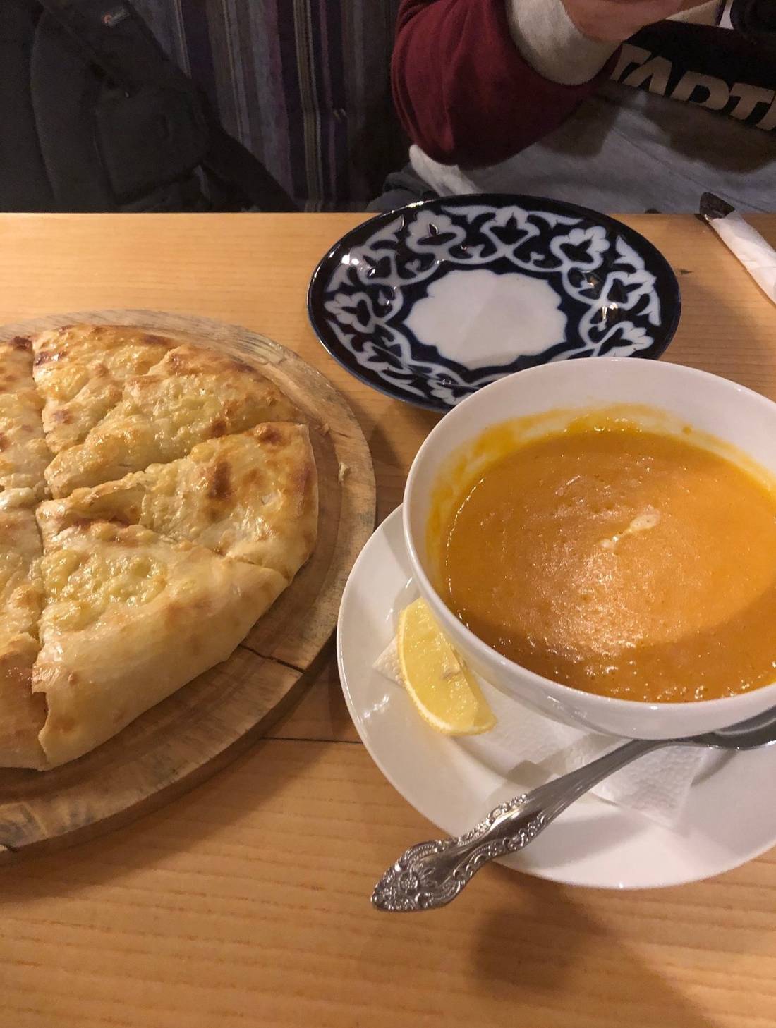 Khachapuri and lentil soup