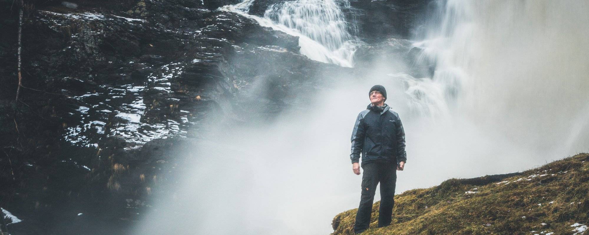 Norwegian travels: Exploring outdoors with my father, three waterfalls in dark day.
