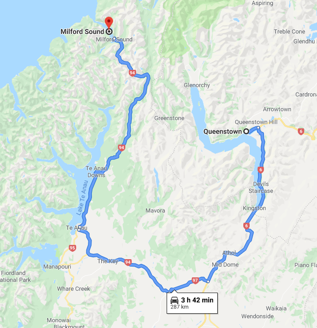 The route from Queenstown to Milford Sound [Google Maps]