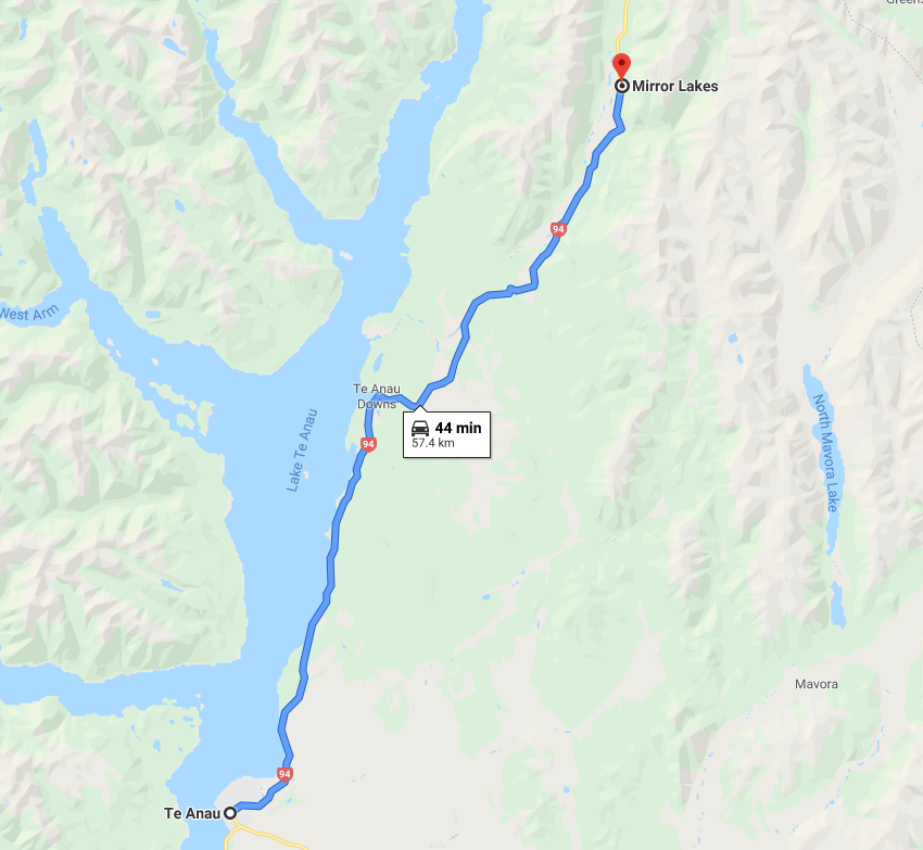 The route from Te Anau to Mirror Lakes [Google Maps]