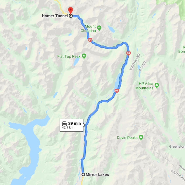 The route from Mirror Lakes to Homer Tunnel