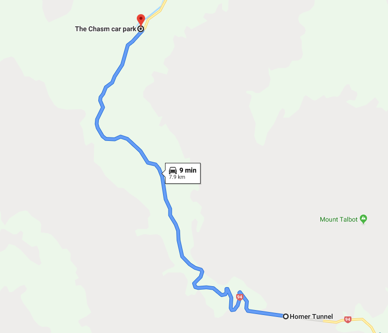 Route from Homer Tunnel to the Chasm